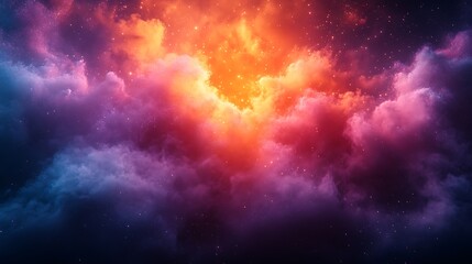 Naklejka premium Vibrant cosmic cloudscape with swirling colors and glowing particles.