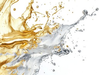 vibrant splashes of gold and silver paint isolated on a clean white background, creating an abstract and luxurious composition, perfect for artistic inspiration or creative projects