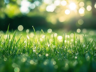Obraz premium vibrant spring meadow with lush green grass and a clear blue sky, punctuated by soft light bokeh, setting a serene and refreshing tone, perfect for text overlay or peaceful reflection