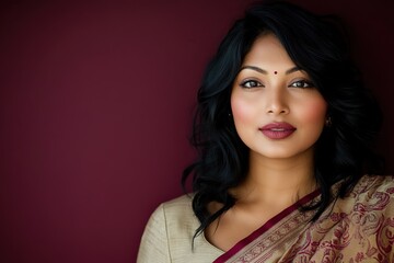 Fototapeta premium Elegant Indian woman with deep gaze, maroon backdrop