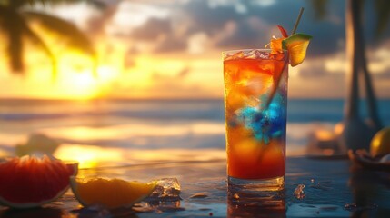 Refreshing Tropical Cocktail at Sunset on a Beach with Palm Trees and Vibrant Sky in the Background