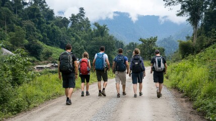 Obraz premium Group of Adventurous Hikers Walking Down Scenic Trail in Lush Green Forest Landscape on a Cloudy Day