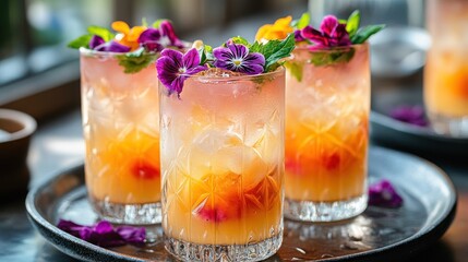 Colorful cocktails garnished with flowers served on a tray.