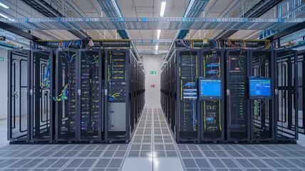 Naklejka premium Data Center: Secure Facility for Server Management, Network Infrastructure, Cloud Computing Hub, Modern Technology Center with Racks of Servers, High-Tech Digital Infrastructure and Security Systems