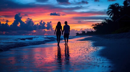 Fototapeta premium A couple walks hand-in-hand along a beach at sunset, reflecting on the water.