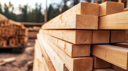 Stacked wooden planks in a lumber yard, ready for construction use.
