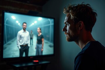 Film director intently reviewing footage on a large screen, deep in thought as he analyzes the visual storytelling, capturing the essence of creativity and meticulous attention to detail in filmmaking