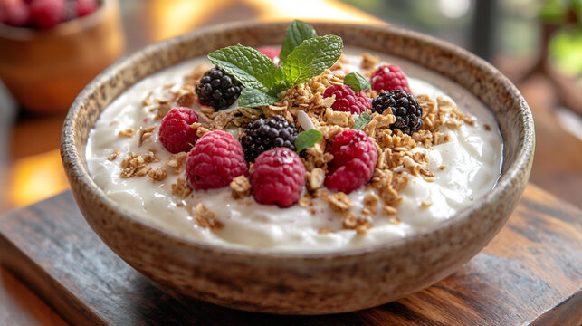 Close-up of a smoothie bowl topped with grano