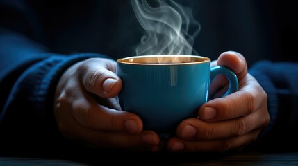holding blue coffee cup
