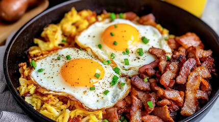 Start your day with a delightful All-American breakfast featuring sunny-side-up eggs, crispy bacon, flavorful sausages, and golden hash browns for a satisfying morning meal
