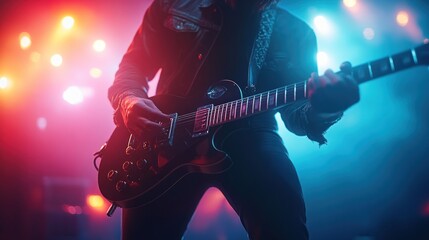 Obraz premium A guitarist performs on stage, illuminated by vibrant stage lights.