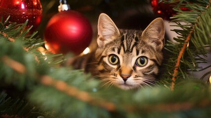 Fototapeta premium decorations cat in christmas tree