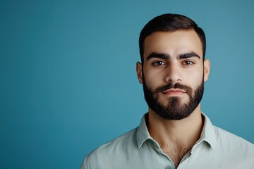 Obraz premium Bearded young man with serious expression on blue background