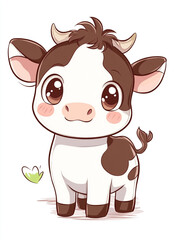 Obraz premium A cute and happy cartoon cow in a simple character design. Wearing a bell around its neck.