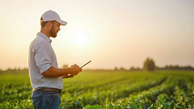 Farm manager checking crop data using digital tablet at sunset in a lush green field