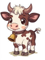 A cute and happy cartoon cow in a simple character design. Wearing a bell around its neck.