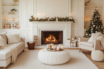 A modern mantel decorated with minimalist greenery, candles, and elegant ornaments in a bright living room. A serene and stylish take on holiday decor.