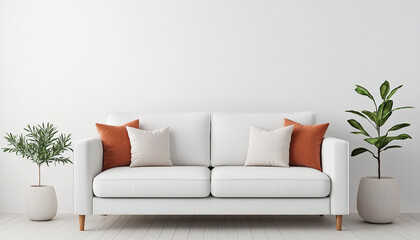 Minimalist living room with white sofa, decorative pillows, and green plants in elegant pots against a plain wall, creating a calm ambiance.