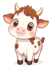 A cute and happy cartoon cow in a simple character design. Wearing a bell around its neck.