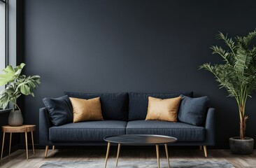 Modern Living Room with Dark Blue Sofa and Gold Accents