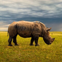 Obraz premium A rhinoceros standing on green grassland under a dramatic cloudy sky. Wildlife photography capturing the strength and majesty of this endangered animal in its natural habitat.