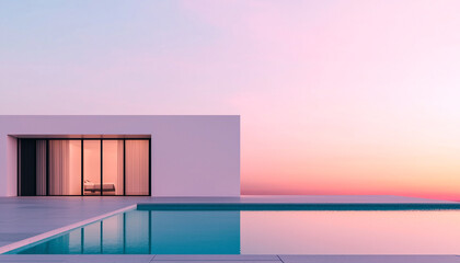Minimalist modern house reflecting colorful sunset in the pool. Peaceful and elegant architectural design with vibrant sky.