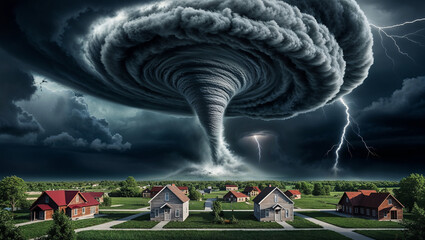 Huge tornado approaching village during storm with lightning
