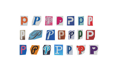 Set of cut-out letter “P” from magazines on a transparent background, retro y2k ransom font style