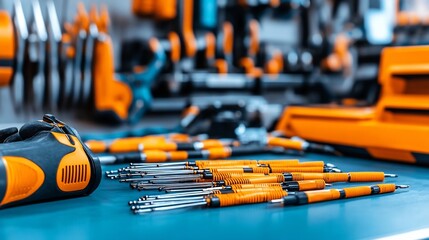 Fototapeta premium Neatly Arranged Fiber Optic Connectors on a Workbench with Visible Tools for Network Setup and