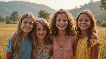 Portrait of children from different cultures enjoying with friends in the countryside together.