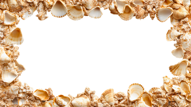 Marine seashells and starfish frame isolated, tropical beach elements collection, nautical ocean border decoration design