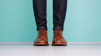 Footwear Fashion: A close-up shot of a person's legs showcases stylish brown leather shoes paired with dark denim, emphasizing modern fashion trends.