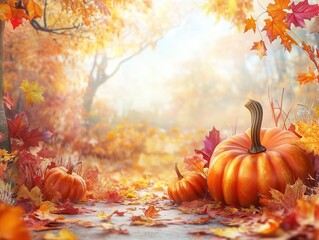 vivid autumn-themed backdrop featuring warm fall colors, pumpkins, and leaves, digitally generated to capture the essence of thanksgiving, evoking a sense of gratitude and harvest