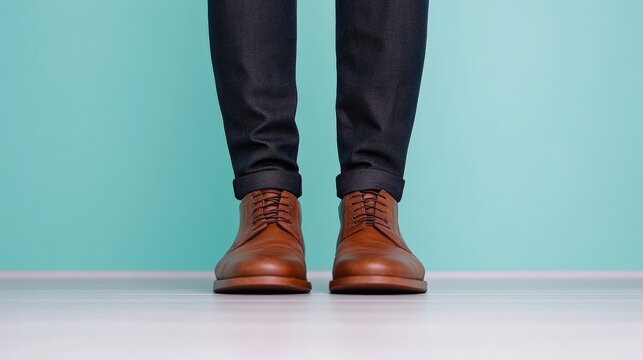 Footwear Fashion: A close-up shot of a person's legs showcases stylish brown leather shoes paired with dark denim, emphasizing modern fashion trends.