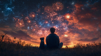 Man and dog silhouettes watching fireworks together, pet owner celebrating new year night, holiday evening outdoor scene