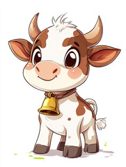 Obraz premium A cute and happy cartoon cow in a simple character design. Wearing a bell around its neck.