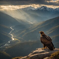 Fototapeta premium A golden eagle perched on a rock, overlooking a dramatic mountain vista with sunrays breaking through the clouds.