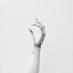A robotic hand reaching upward, symbolizing technological advancement, centered on a white backdrop.