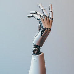 A robotic hand reaching upward, symbolizing technological advancement, centered on a white backdrop.