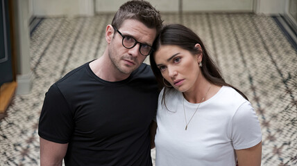 Fototapeta premium Man and Woman Wearing Blank White and Black T-Shirts - Casual Fashion, Minimalist Clothing, Simple Apparel, Plain T-Shirt Style, Neutral Background