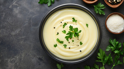Homemade bechamel sauce with melted parmesan from above, creamy white gourmet cuisine, traditional Italian dish preparation