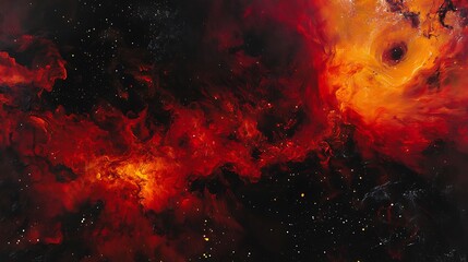 A spectacular nebula with red and orange shades radiating energy into deep space