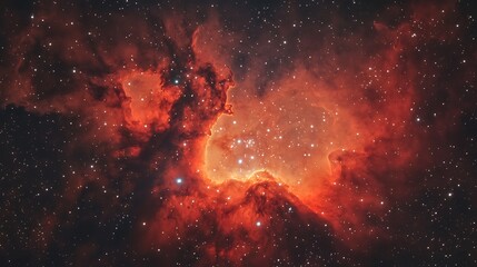 A spectacular nebula with red and orange shades radiating energy into deep space