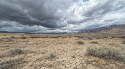 A vast, empty desert with cracked earth and sparse vegetation, under a dramatic sky with dark clouds.