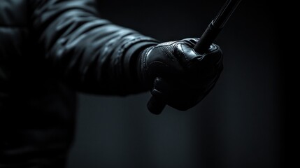 A gloved hand gripping a dark object, suggesting tension or anticipation.