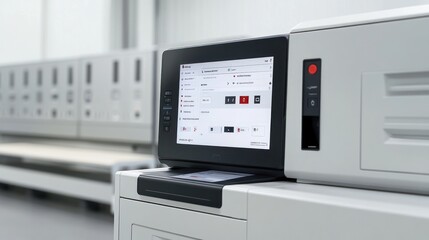 A modern printing machine with a touchscreen interface in an industrial setting.