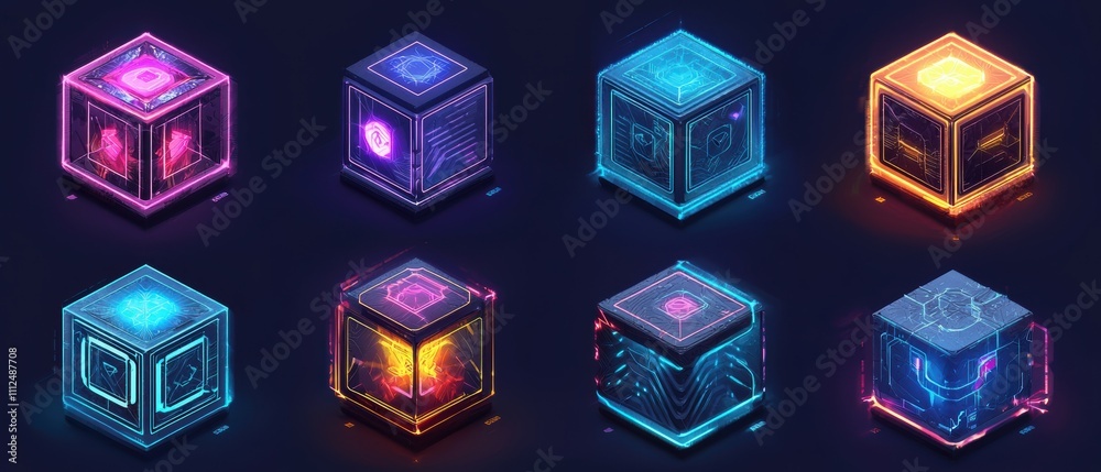 Poster isometric cube patterns with neon edges a dynamic view of futuristic digital art