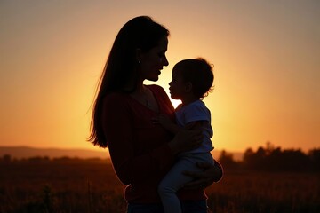 Mother and child silhouette standing together, symbolizing the unbreakable bond and nurturing love between a parent and their offspring, capturing the essence of family unity and emotional connection.