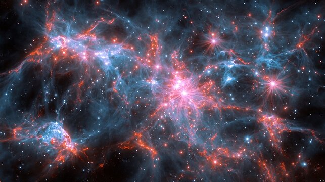 A cosmic phenomenon of star formation in a nebula with radiant streaks of light blue and pink