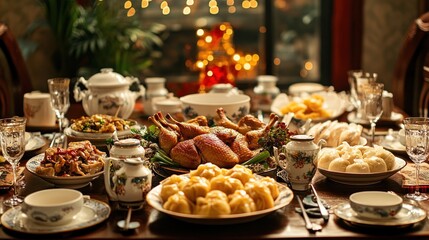 Fototapeta premium A festive table set with various traditional dishes for a celebratory meal.